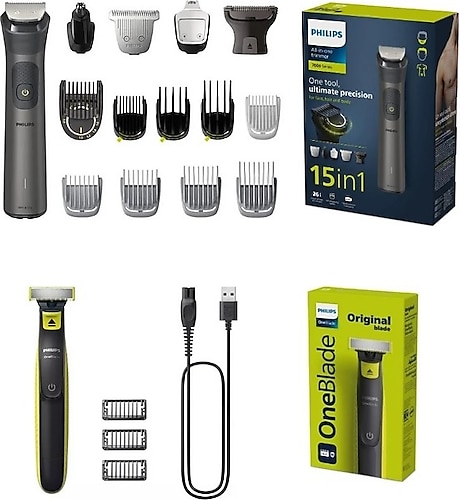 Philips Sıfır Traş, Yüz Saç Vücut Traş ve Erkek Bakım Seti 15 Parça Hepsi Bir Arada Islak ve Kuru Kullanım - Benzersiz Oneblade Teknolojisi - Yeşil