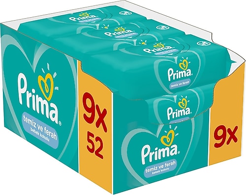 Prima Temiz ve Ferah 52 Yaprak 9'lu Paket Islak Mendil