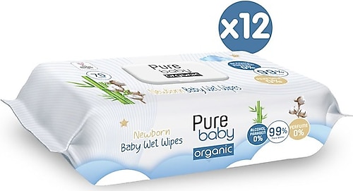 Pure Baby Organic Yenidoğan 70 Yaprak 12'li Paket Islak Havlu