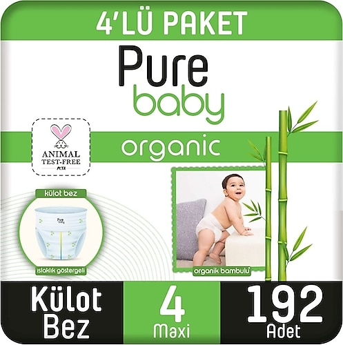 Pure Baby Organik Bambu Özlü 4 Numara Maxi 192'li Külot Bez