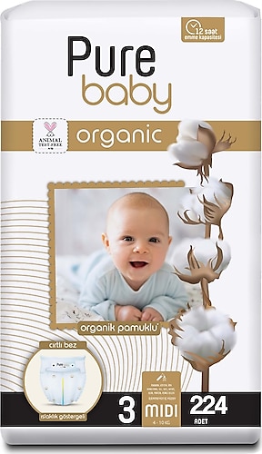 Pure Baby Organik Pamuklu 3 Numara Midi 224'lü Bebek Bezi