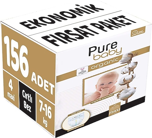 Pure Baby Organik Pamuklu 4 Numara Maxi 156'lı Bebek Bezi