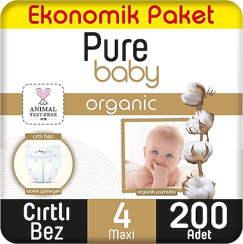 Pure Baby Organik Pamuklu 4 Numara Maxi 200'lü Bebek Bezi