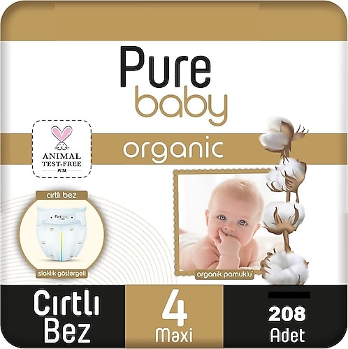 Pure Baby Organik Pamuklu 4 Numara Maxi 208'li Bebek Bezi