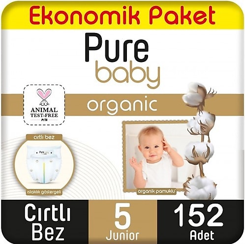Pure Baby Organik Pamuklu 5 Numara Junior 152'li Bebek Bezi
