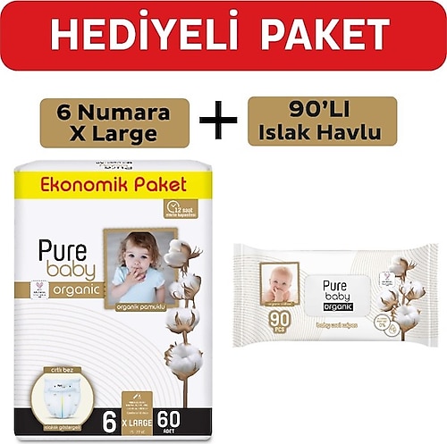 Pure Baby Organik Pamuklu Cırtlı Bez 6 Numara Xlarge 60 Adet + Organik Pamuklu Islak Havlu 90 Yaprak