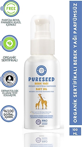PURESEED NATURAL Organik Sertifikalı Bebek Yağı Parfümsüz - 100 ml
