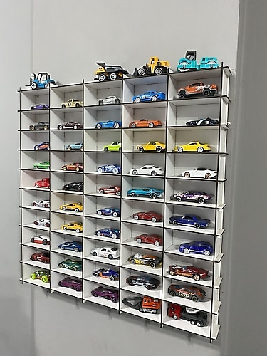 ReFason Desing Ahşap Araba Rafı 50'li Beyaz Renk (Hotwheels ve Matcbox Arabaları Için Uygundur)