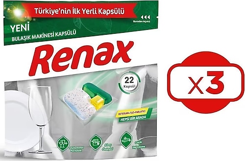 Renax Hepsi Bir Arada Bulaşık Makinesi Tableti 22'li 3 Adet