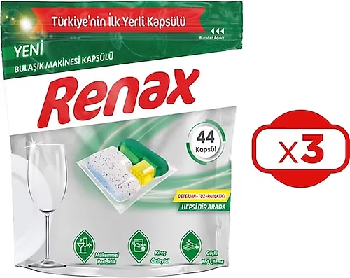 Renax Hepsi Bir Arada Bulaşık Makinesi Tableti 44'lü 3 Adet