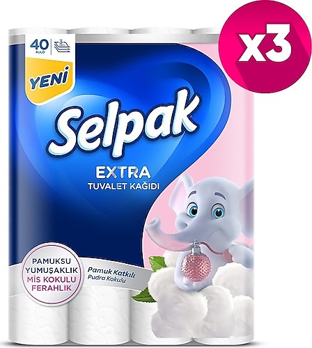 Selpak Extra Pamuk Katkılı ve Pudra Kokulu 40'lı Tuvalet Kağıdı x 3 Adet - Beyaz