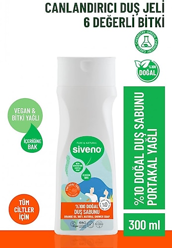 Siveno %100 Doğal Duş Sabunu Portakal Kokulu Canlandırıcı Duş Jeli 6 Değerli Bitki Vegan 300 ML