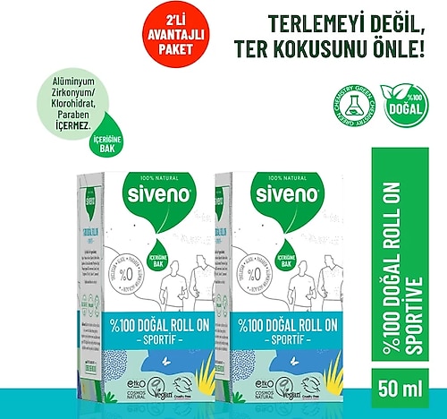 Siveno %100 Doğal Roll-On Sportif Sporcu Deodorant Ter Kokusu Önleyici Bitkisel Lekesiz 50 ml X2 Adet