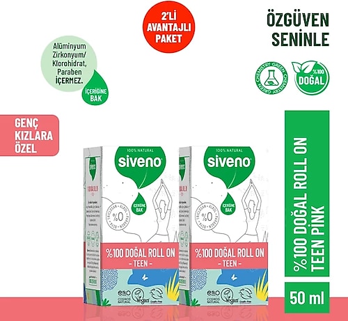 Siveno %100 Doğal Roll-On Teen Girl Genç Kız Deodorant Ter Kokusu Önleyici Bitkisel Lekesiz 50 ml X 2 Adet