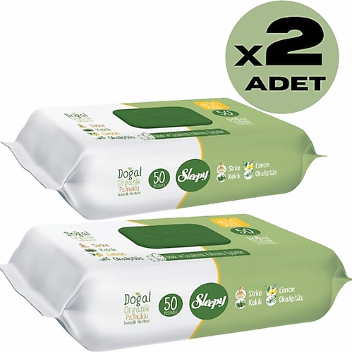 Sleepy 2Lİ DOĞAL ORGANİK PAMUKLU EL YÜZ VÜCUT TEMİZLİK HAVLUSU ISLAK MENDİL 2X50 YAPRAK