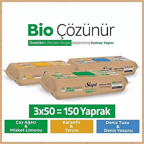 Sleepy Bio Çözünür Yüzey Temizlik Havlusu Karma Paket 3X50 (150 Yaprak)