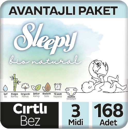 Sleepy Bio Natural 3 Numara Midi 168'li Bebek Bezi
