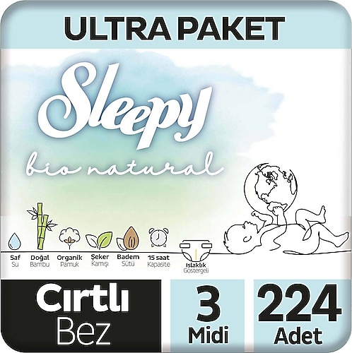 Sleepy Bio Natural 3 Numara Midi 224'lü Bebek Bezi