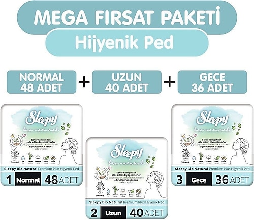 Sleepy Bio Natural Premium Plus Hijyenik Ped 124 Adet Ped Mega Fırsat Paketi