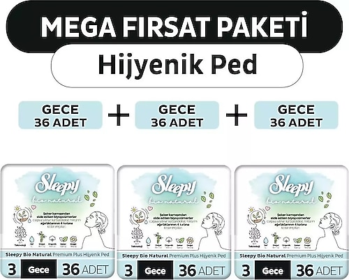 Sleepy Bio Natural Premium Plus Hijyenik Ped Mega Fırsat Paketi Gece 108 Adet