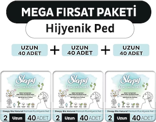 Sleepy Bio Natural Premium Plus Hijyenik Ped Mega Fırsat Paketi Uzun 120 Adet
