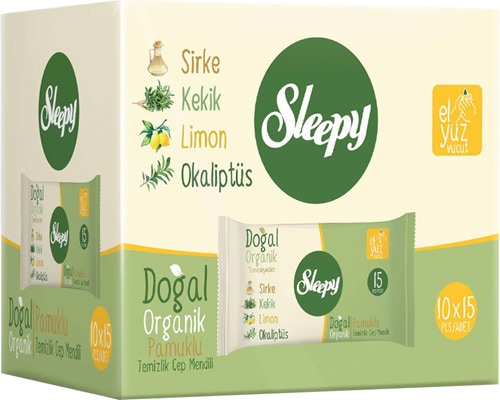 Sleepy Doğal Organik Pamuklu 15 Yaprak 10'lu Paket Islak Cep Mendili