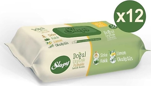 Sleepy Doğal Organik Pamuklu 50 Yaprak 12'li Paket Islak Mendil