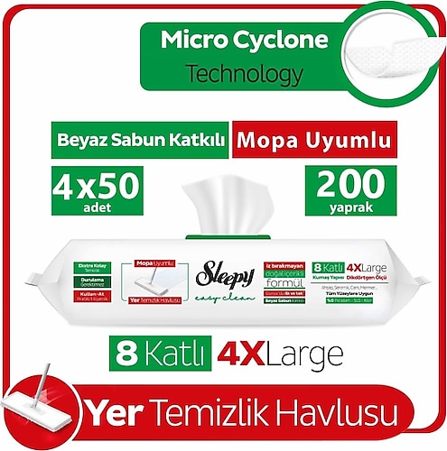 Sleepy Easy Clean Beyaz Sabun Katkılı Mopa Uyumlu Yer Temizlik Havlusu 50 Yaprak 4'lü