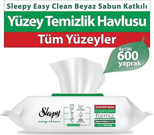 Sleepy Easy Clean Beyaz Sabun Katkılı Yüzey Temizlik Havlusu 6x100 (600 YAPRAK)