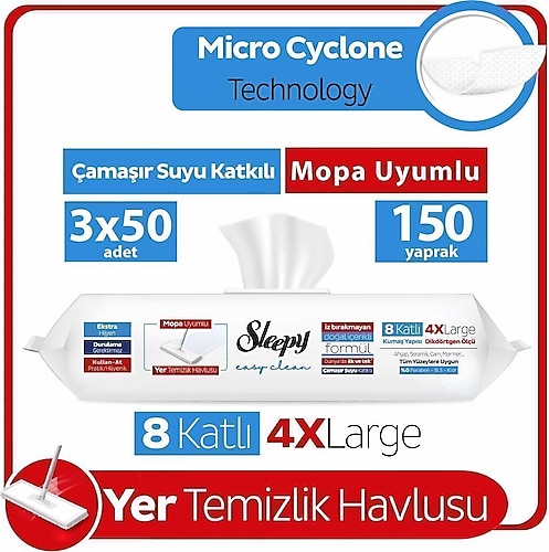 Sleepy Easy Clean Çamaşır Suyu Katkılı Mopa Uyumlu Yer Temizlik Havlusu 50 Yaprak 3'lü