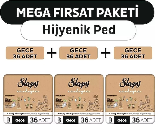 Sleepy Ecologic Premium Plus Hijyenik Ped Mega Fırsat Paketi Gece 108 Adet