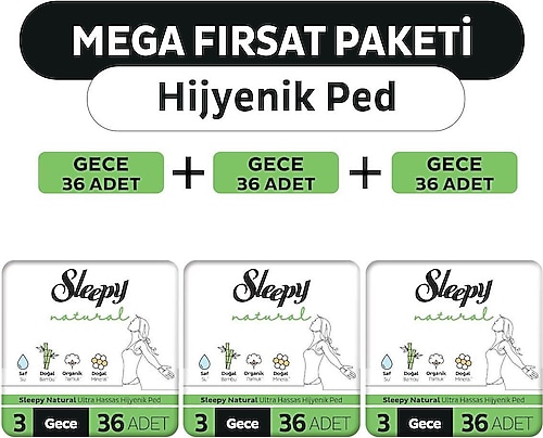 Sleepy Natural Ultra Hassas Hijyenik Ped Mega Fırsat Paketi Gece 108 Adet