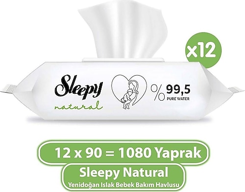 Sleepy Natural Yenidoğan 90 Yaprak 12'li Paket Islak Mendil
