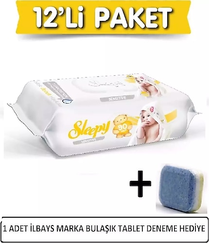Sleepy Sensitive Islak Havlu 12x90 Lı 12 Paket 1080 Yaprak Ilbays 1 Adet Bulaşık Tablet