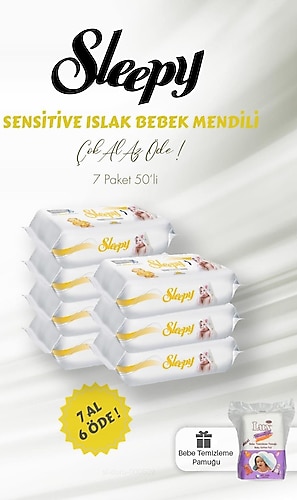 Sleepy Sensitive Islak Mendil 7 AL 6 ÖDE 50 Yaprak ve Bebek Temizleme Pamuğu