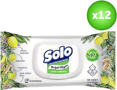 Solo Doğal Hijyen Limon ve Biberiye 50 Yaprak 12'li Paket Islak Mendil