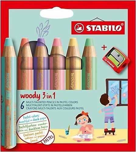 Stabilo Woody 3 in 1 Kalemtıraşlı Pastel 6'lı Kuru Boya Seti