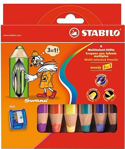 Stabilo Woody 3 in1 Karton Kutu Kalemtıraşlı 6'lı Kuru Boya Seti