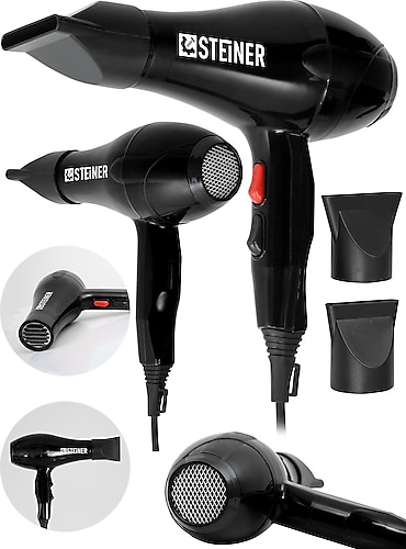 STEİNER Alman 3800 Watt Profesyonel Saç Kurutma Makinesi Fön Makinesi Ac Motor Ms-9001 Siyah + 2 Adet Başlık