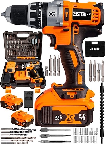 Steiner Germany Technology Darbeli 58 V 5Ah Sarı XR Li-ion Çift Akülü Şarjlı Vidalama Matkap Pro Set