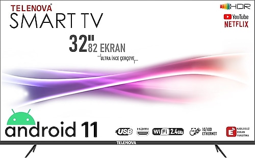 Telenova 32S1101 Full HD 32" 82 Ekran uydu Alıcılı Android Smart LED TV