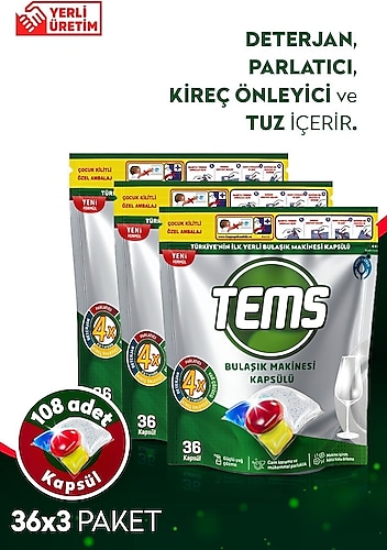 Tems 4 Etkili Bulaşık Makinesi Kapsül Deterjanı 108'LI ( 3x 36'lı Paket)