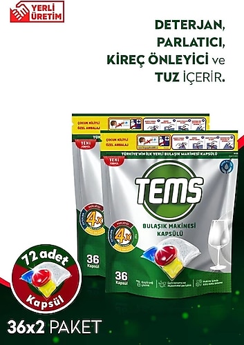 Tems 4 Etkili Bulaşık Makinesi Kapsül Deterjanı 2x 36'lı