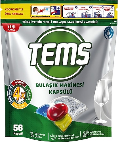 TEMS 4 Etkili Bulaşık Makinesi Kapsül Deterjanı 56 Adet