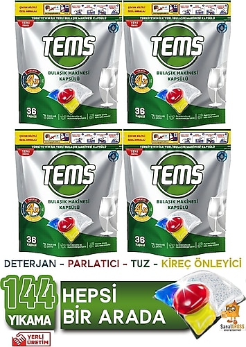 TEMS Bulaşık Makinesi Kapsül Deterjanı 36'lı x 4 Paket (144 Yıkama)