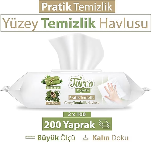 Turco Doğadan Yeşil Sabun Yüzey Temizlik Havlusu 100 Yaprak 2'li