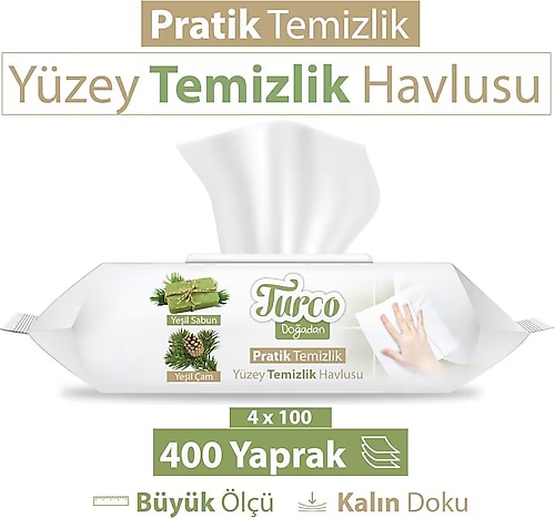 Turco Doğadan Yeşil Sabun Yüzey Temizlik Havlusu 100 Yaprak 4'lü