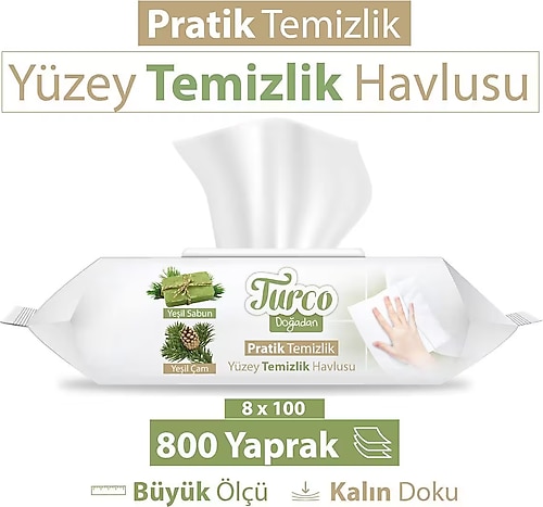 Turco Doğadan Yeşil Sabun Yüzey Temizlik Havlusu 100 Yaprak 8'li