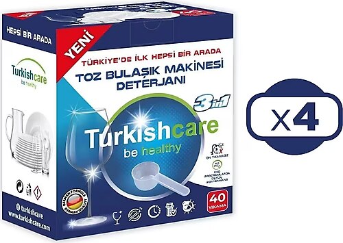 Turkishcare Hepsi Bir Arada Toz Bulaşık Makinesi Deterjanı 40 Yıkama 4'lü
