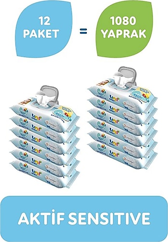 Uni Baby Aktif Sensitive 90 Yaprak 12'li Paket Islak Mendil